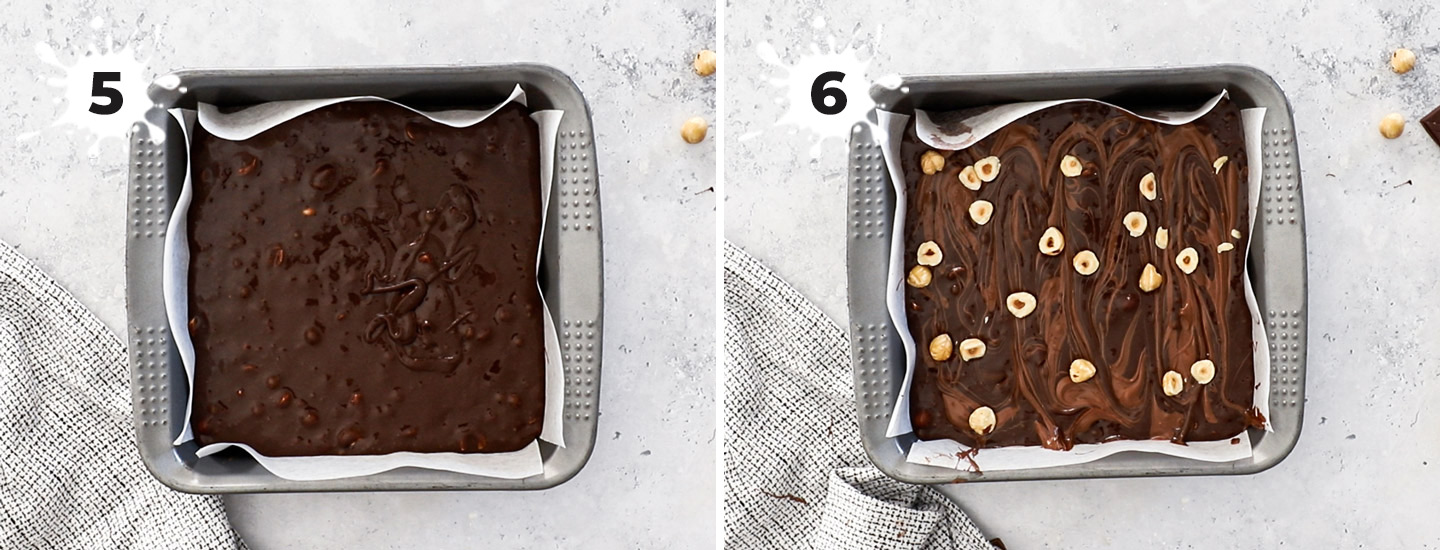 Two images showing how to prepare the brownies for baking.