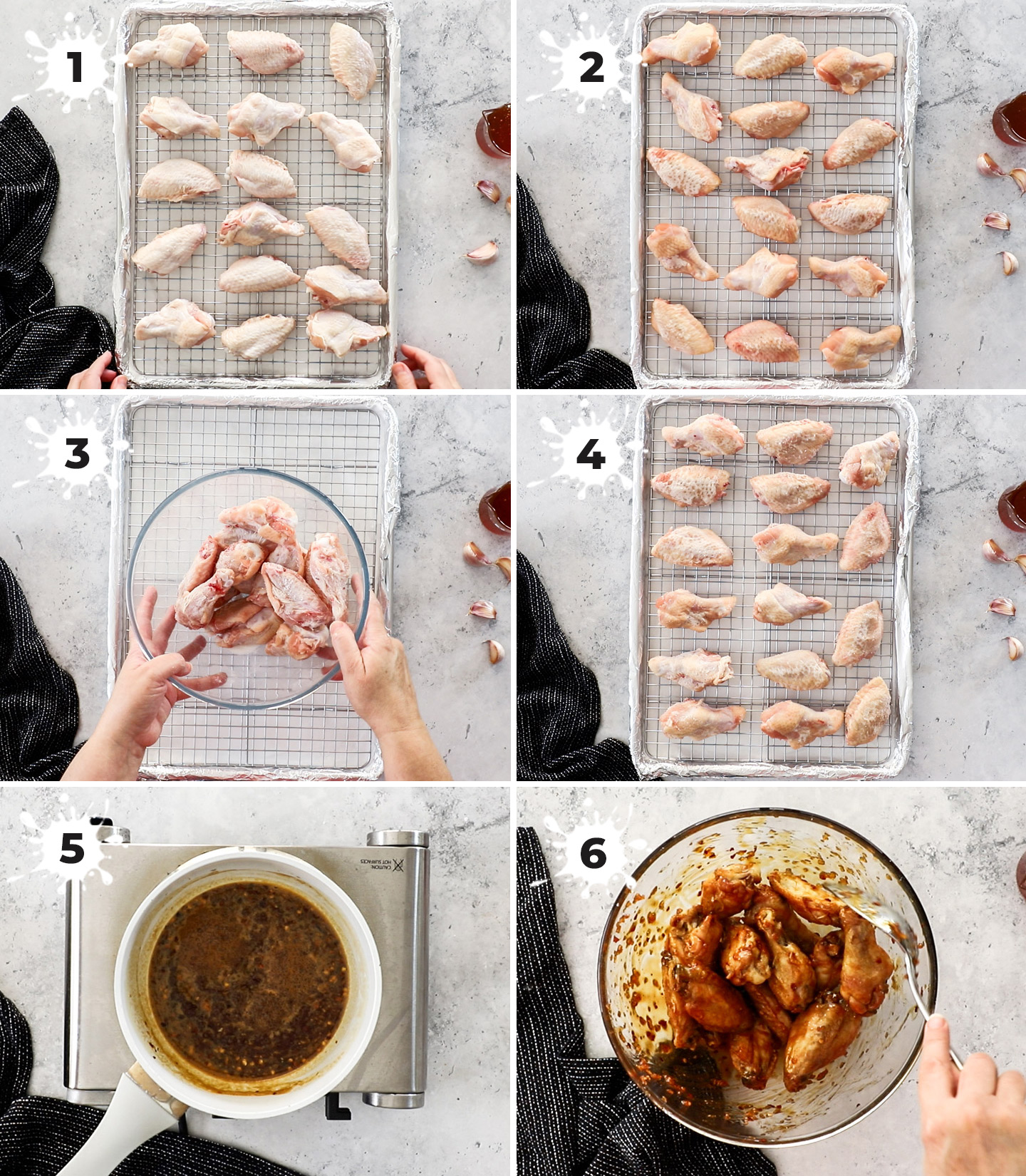 A collage showing how to make honey garlic chicken wings.