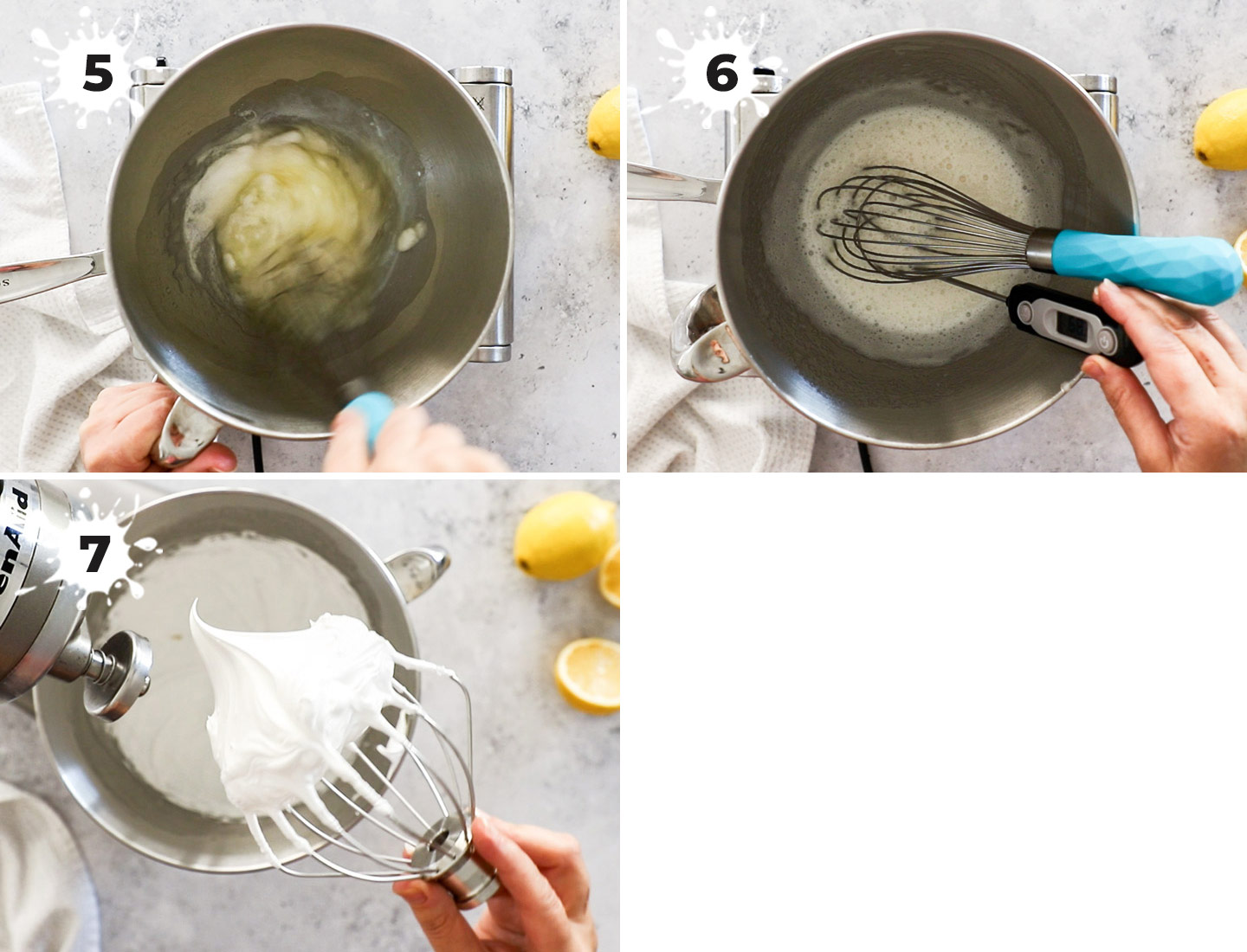 A collage showing how to make the meringue frosting.