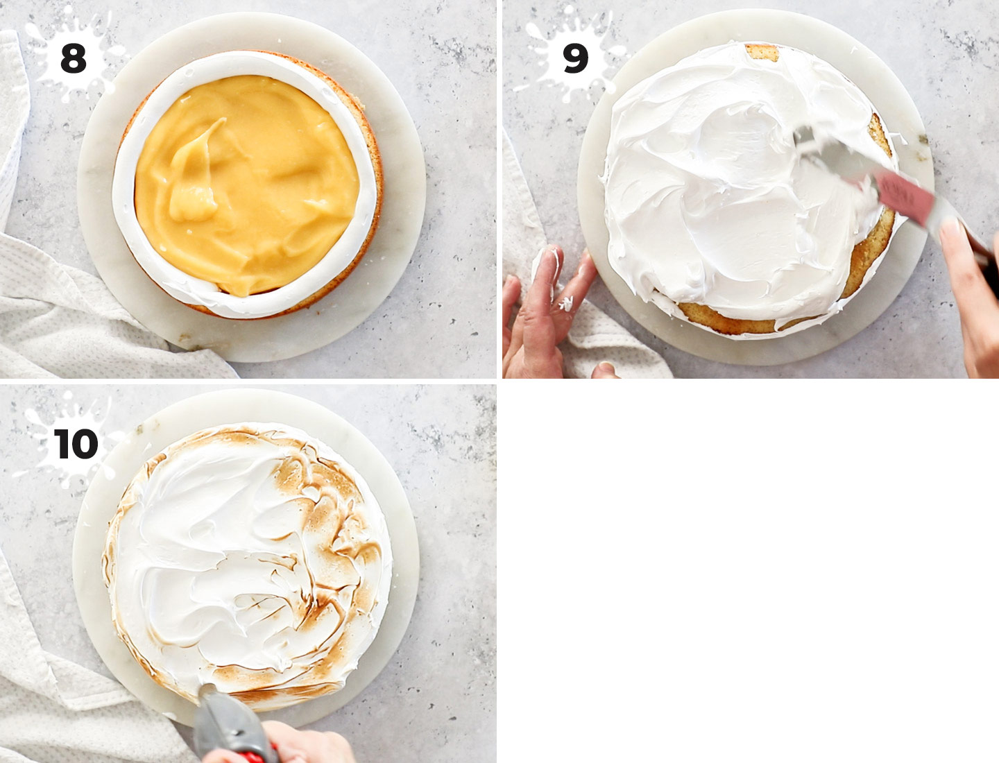 A collage showing how to assemble lemon meringue cake.