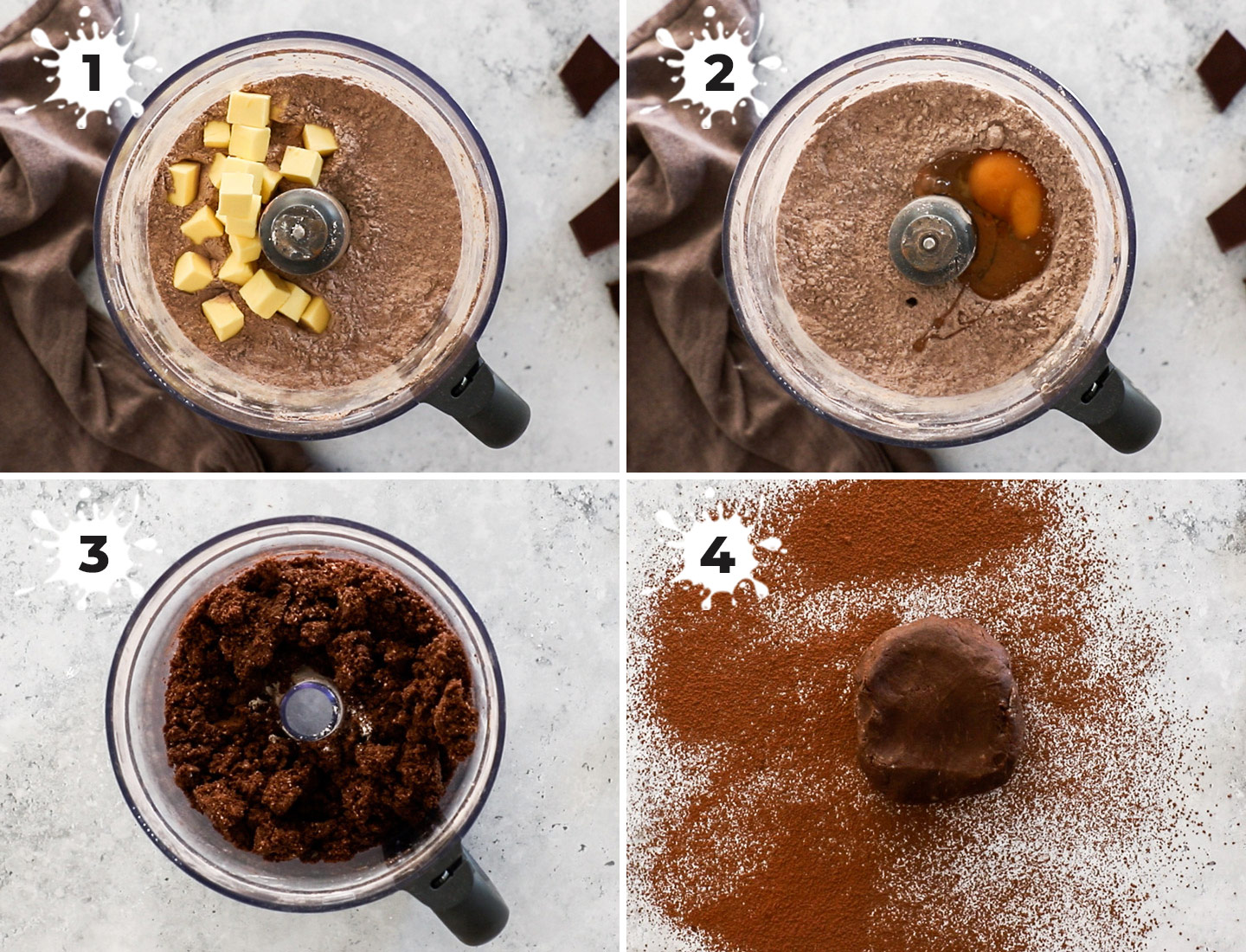 A collage showing how to make the chocolate pastry dough.