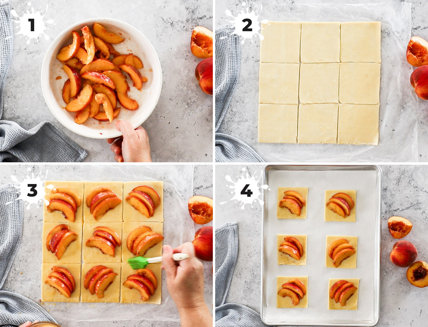 A collage showing how to make puff pastry peach tarts.