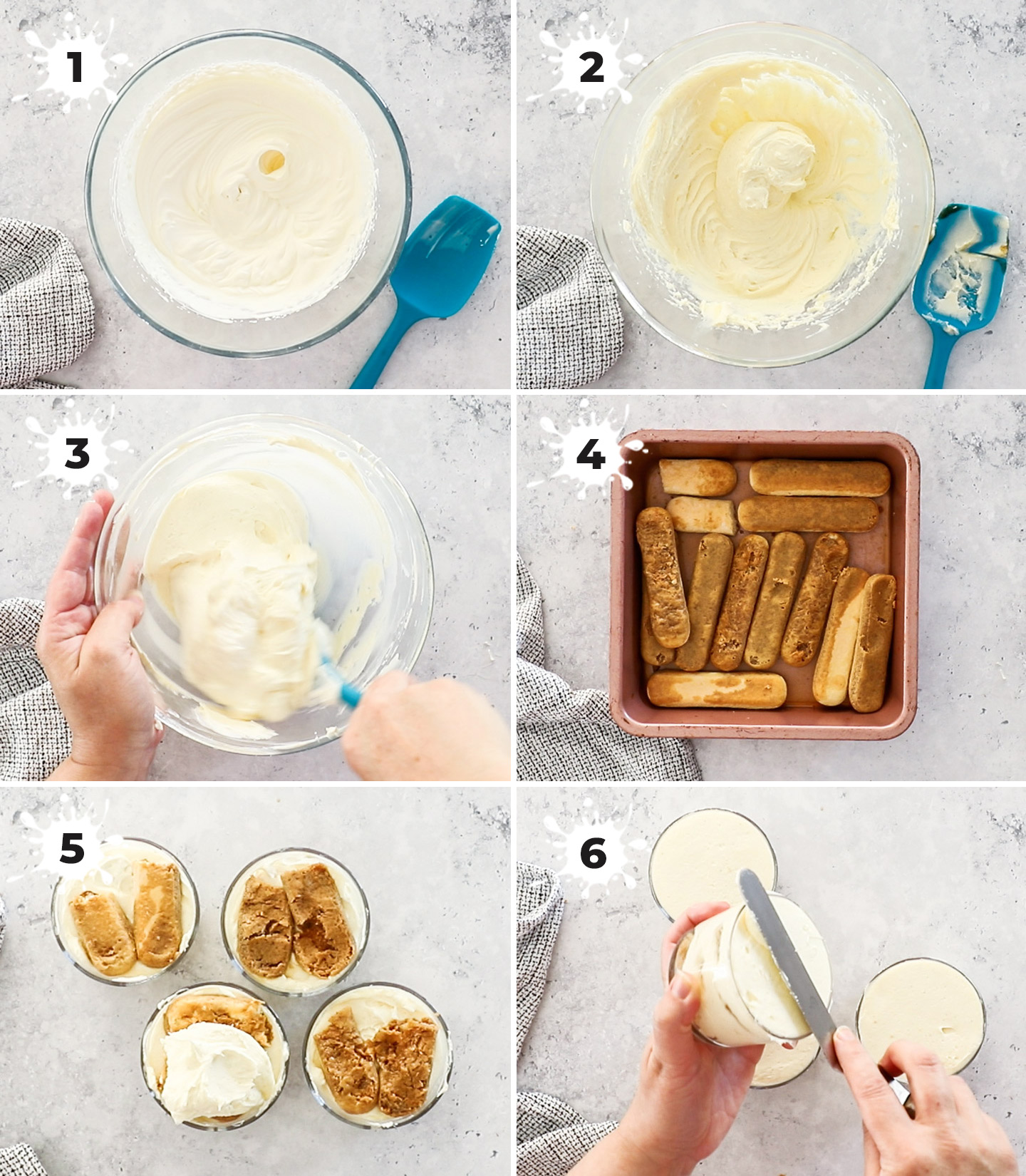 A collage showing how to make tiramisu cups.