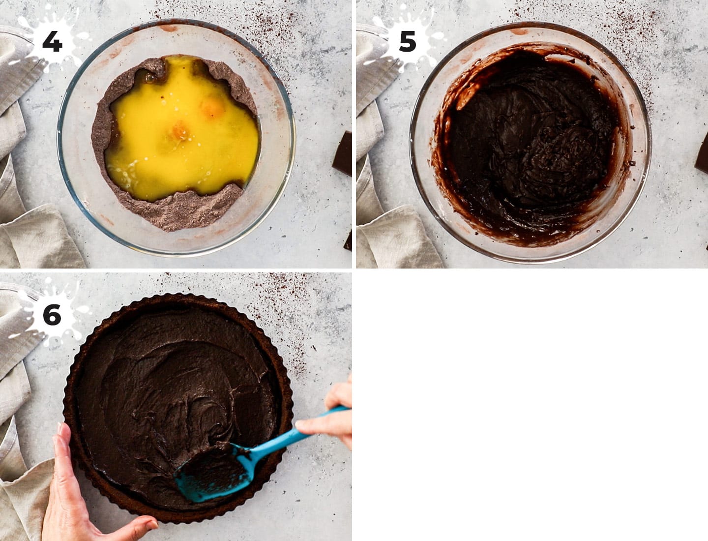 A collage showing how to make the brownie batter.
