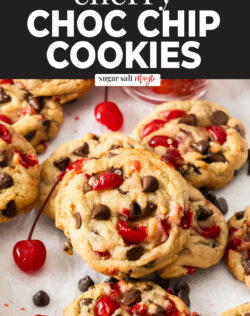 Cherry chocolate chip cookies on baking paper.