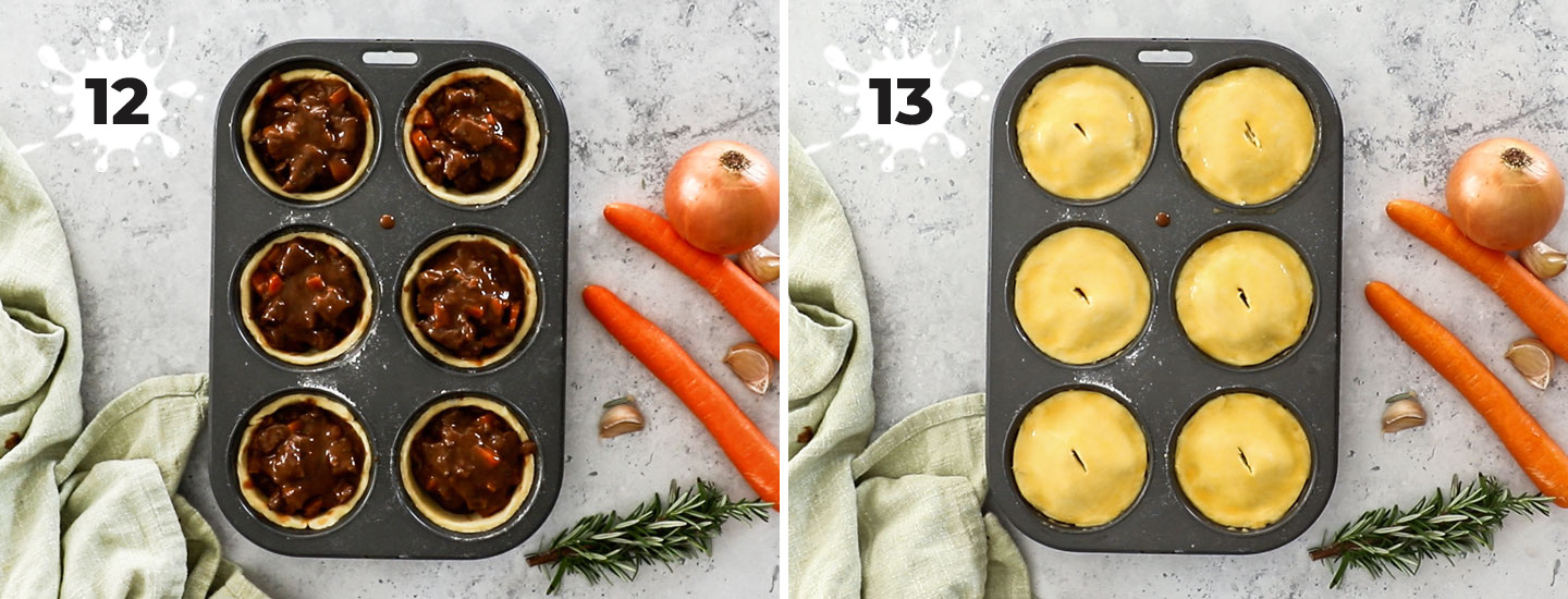 Two images showing how to assemble the pies.