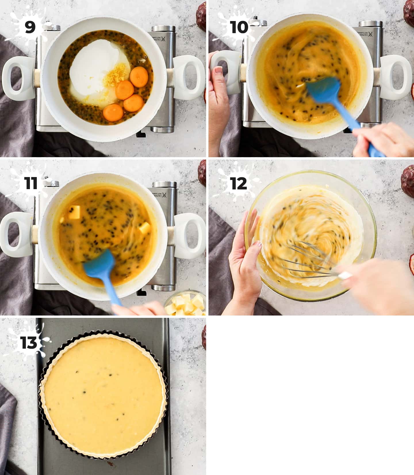 A collage showing how to make the passionfruit curd filling.