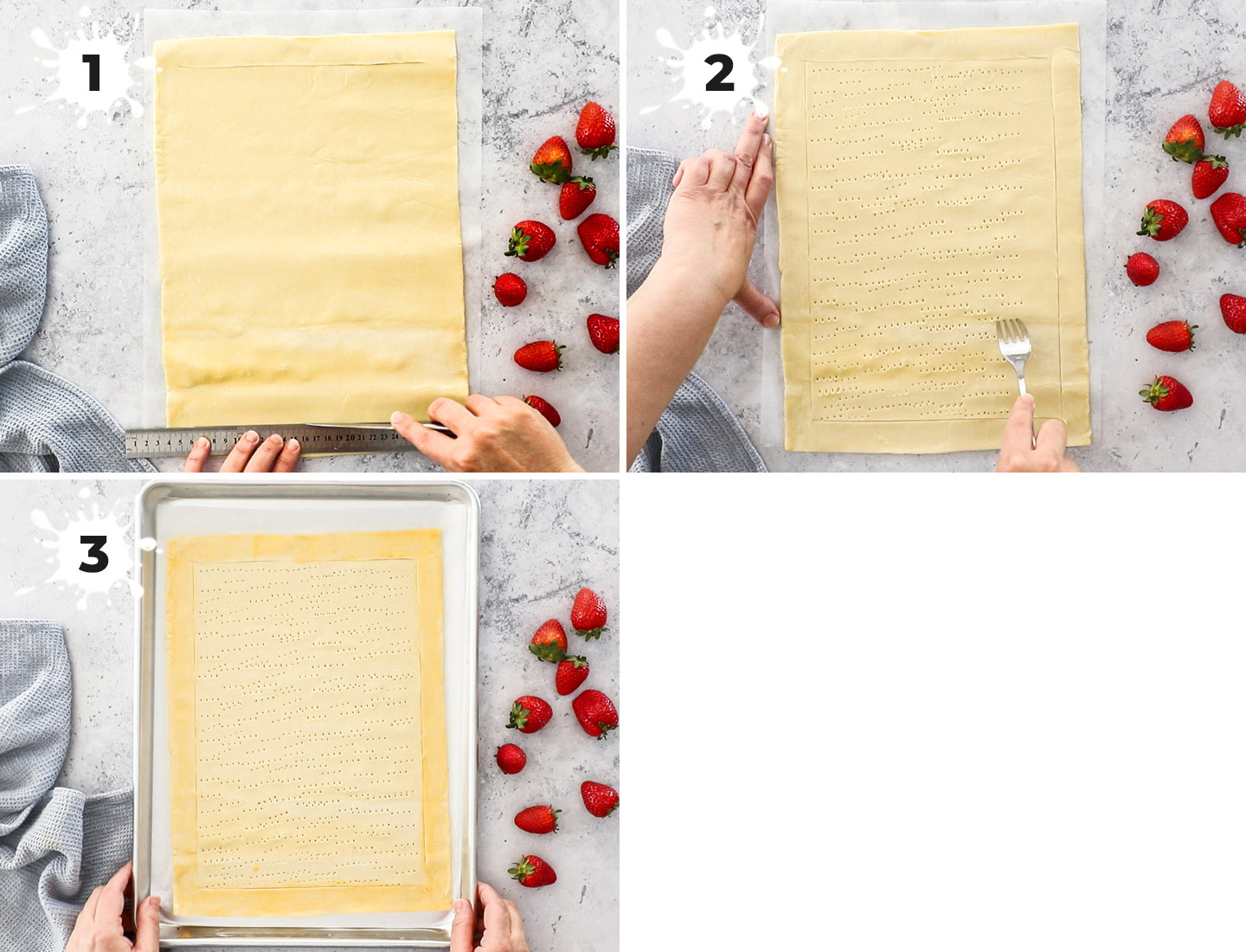 A collage showing how to prepare the pastry.