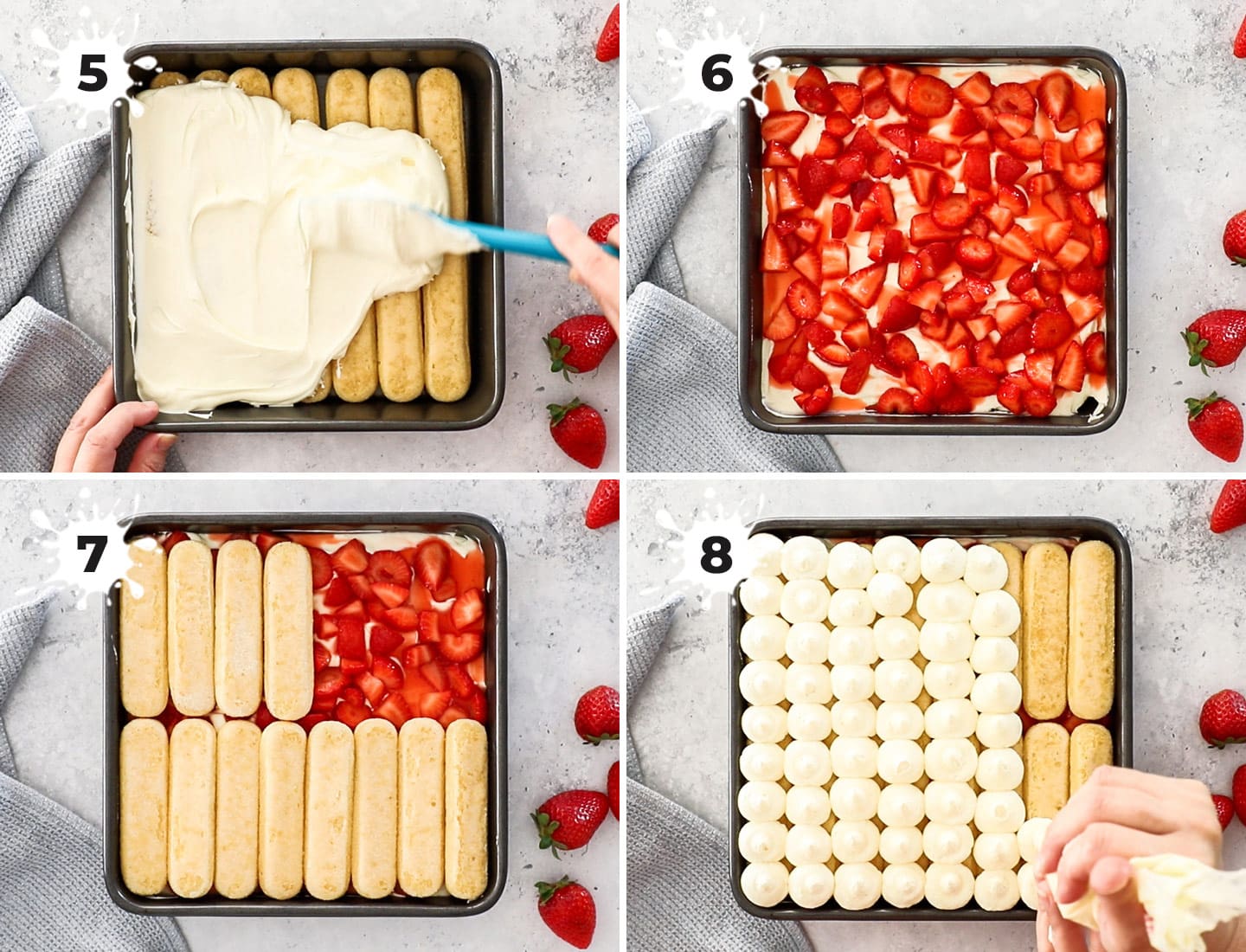 A collage showing how to assemble strawberry tiramisu.