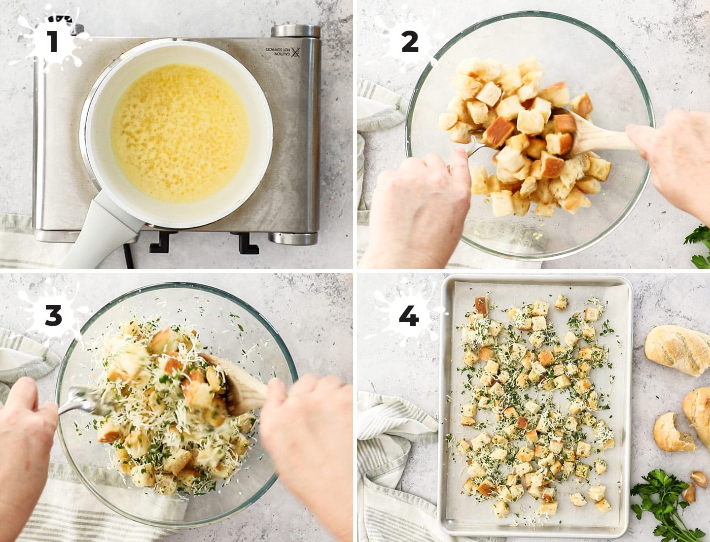 A collage showing how to make cheese and garlic croutons.