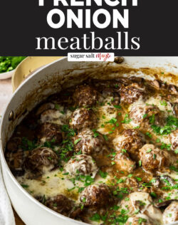 French onion meatballs in a large pan.