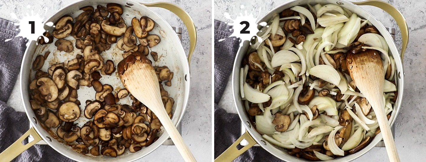 Cooking onion and mushrooms in a pan.