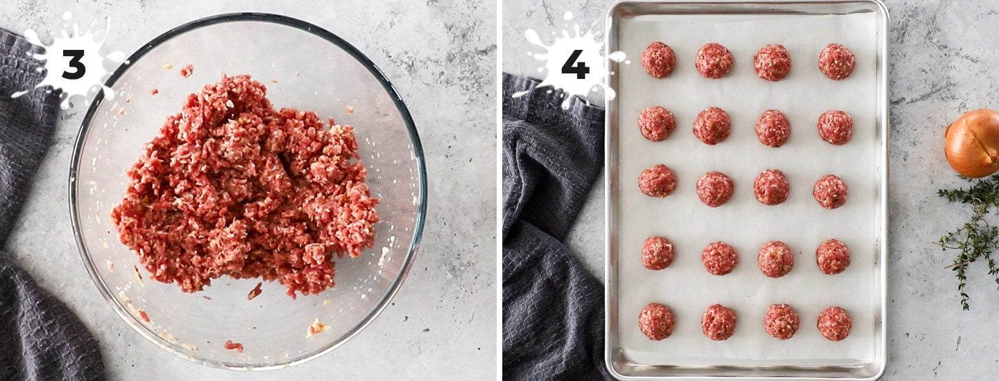 Raw meatballs on a baking sheet.