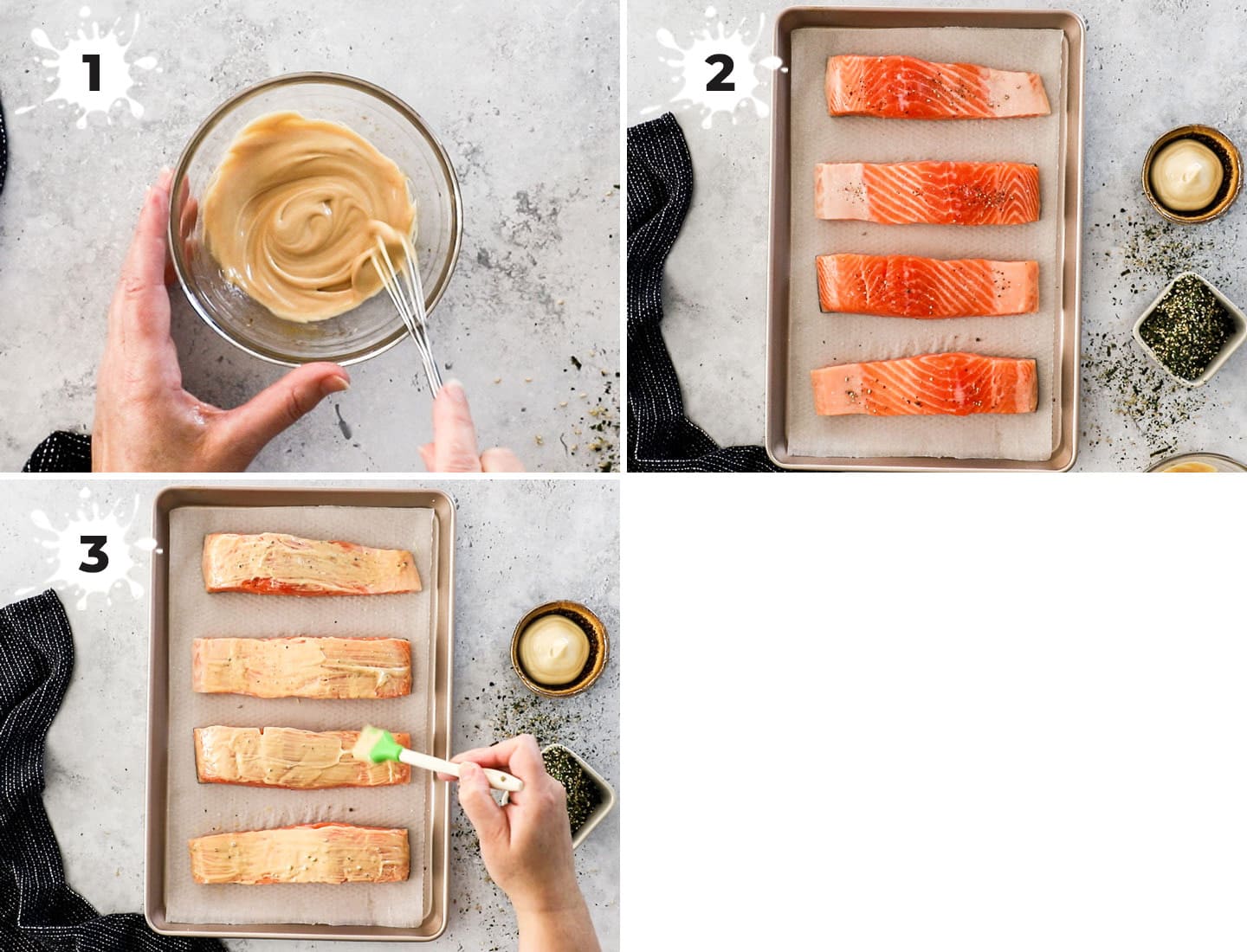A collage showing how to prepare the salmon.