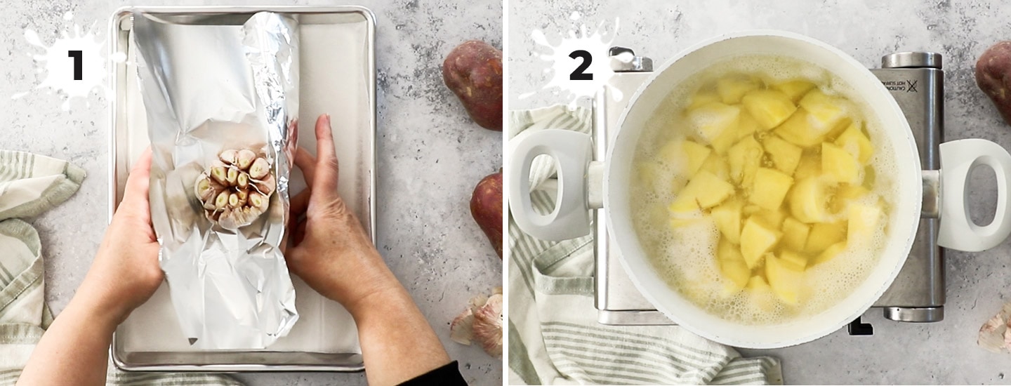 A collage showing how to prep the garlic and potatoes.