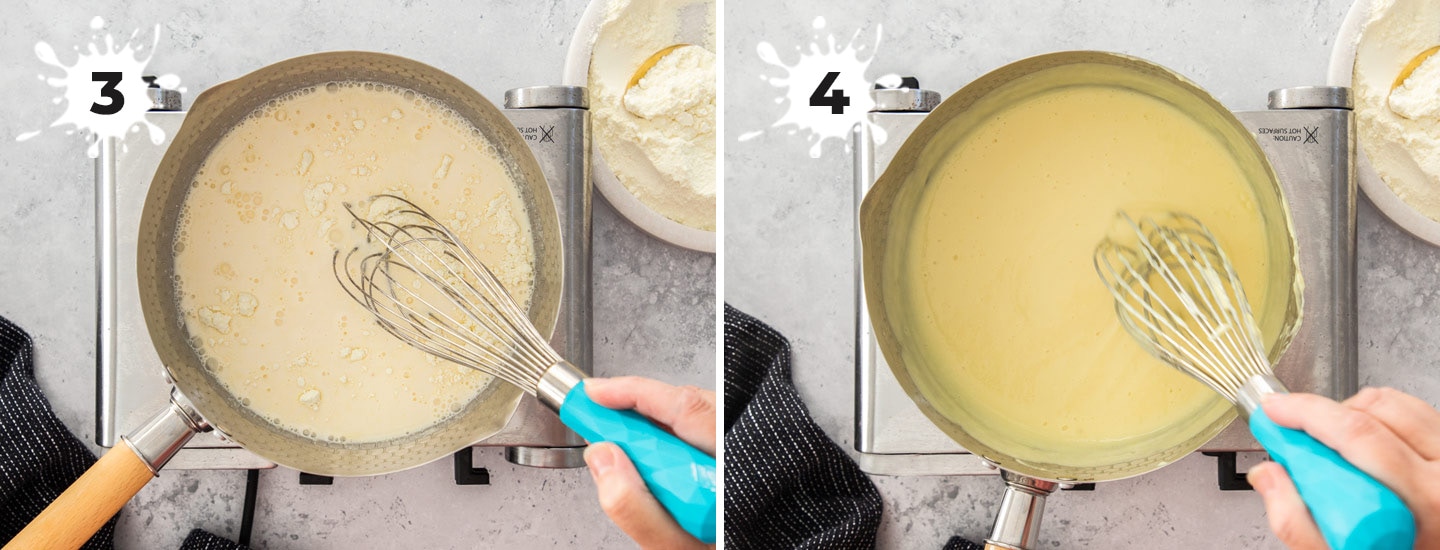 Two images showing how to make custard from powder.