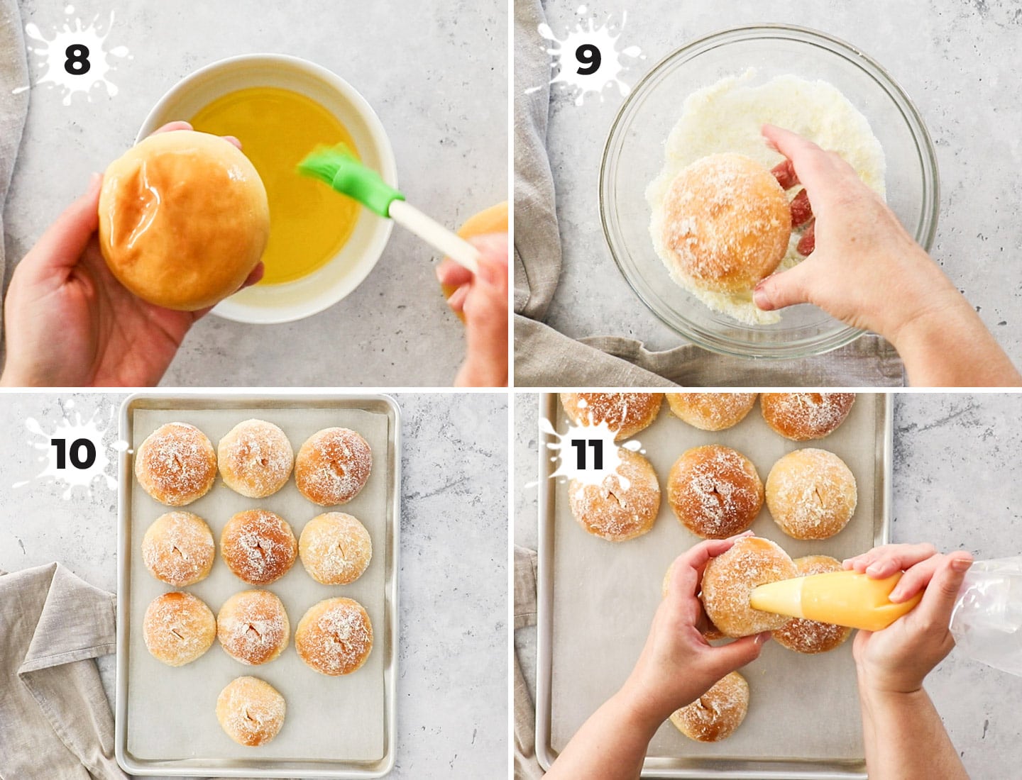 A collage showing how to coat and fill the donuts.