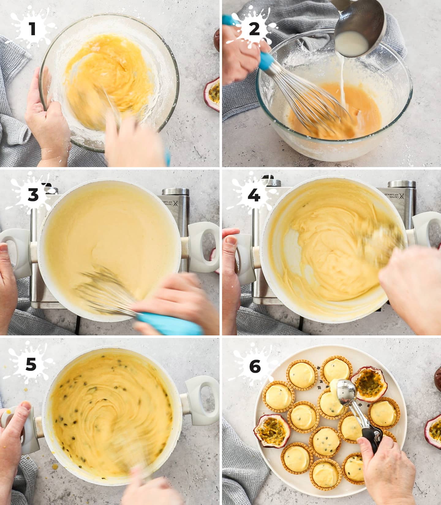 A collages showing how to make passionfruit tartlets.