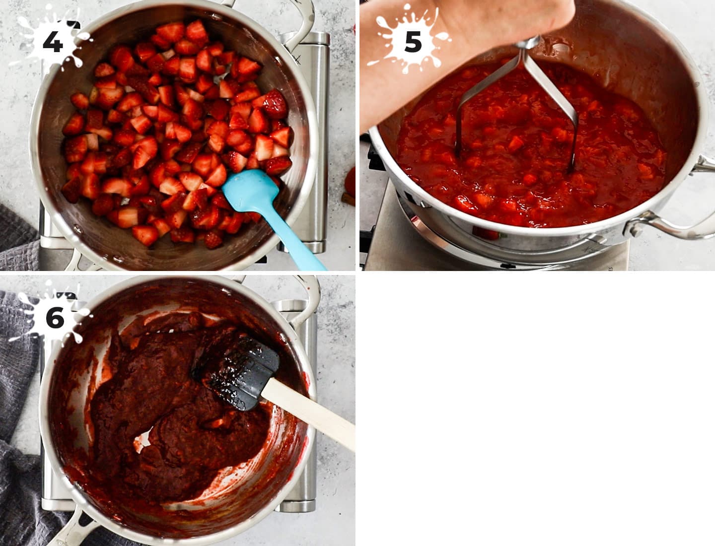 A collage showing how to make strawberry jam.