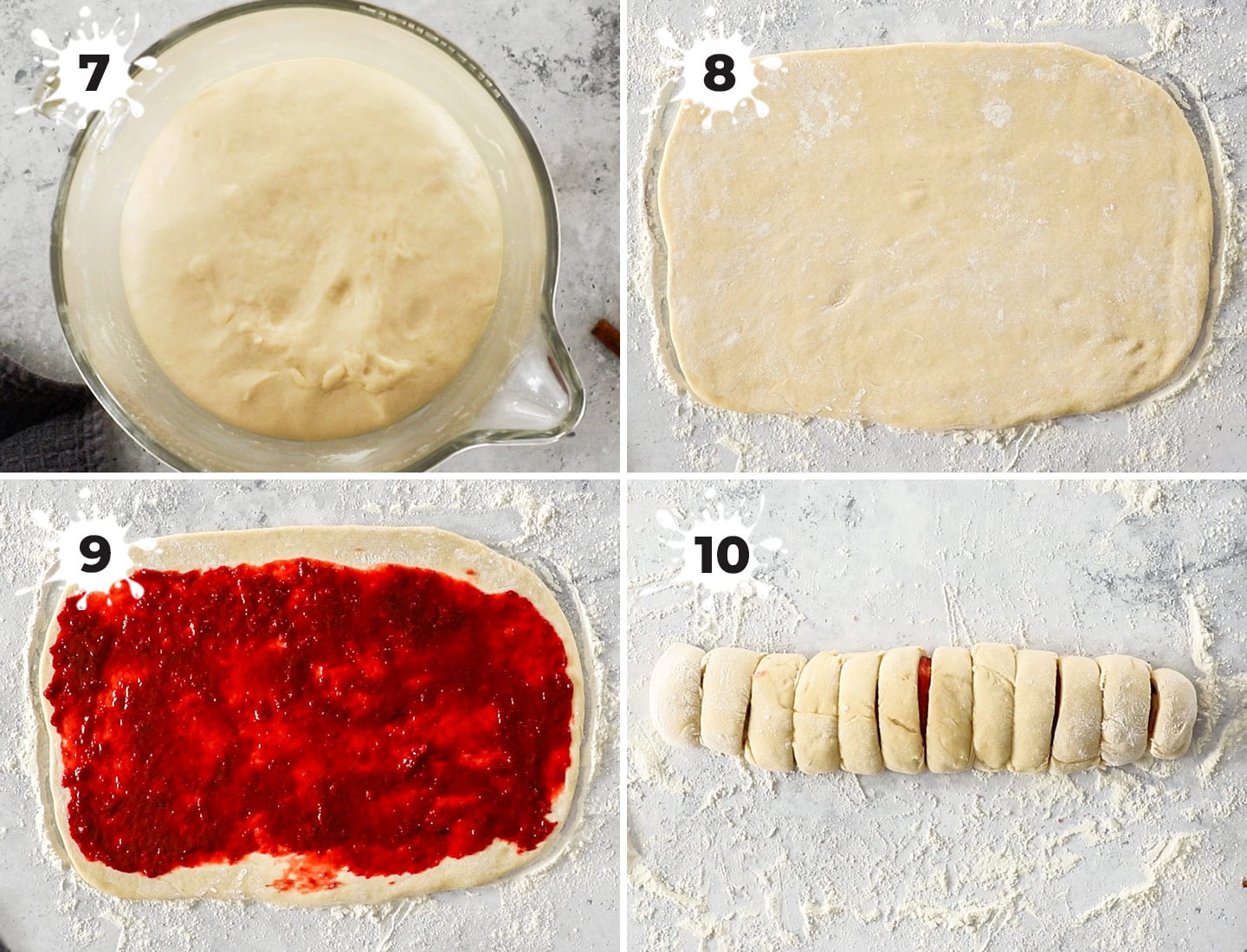 A collage showing how to roll and fill the dough.