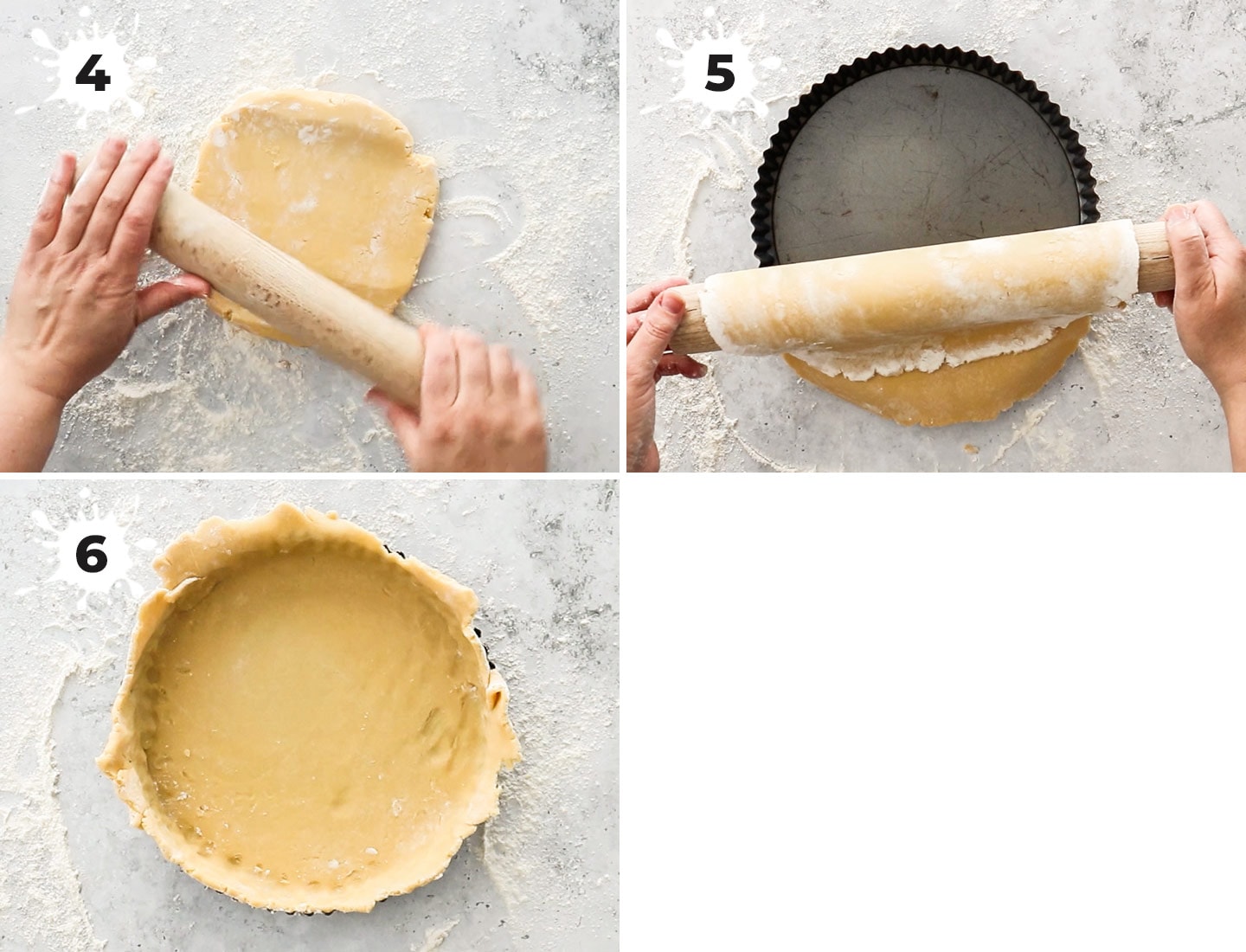 A collage showing how to line the pan with pastry.