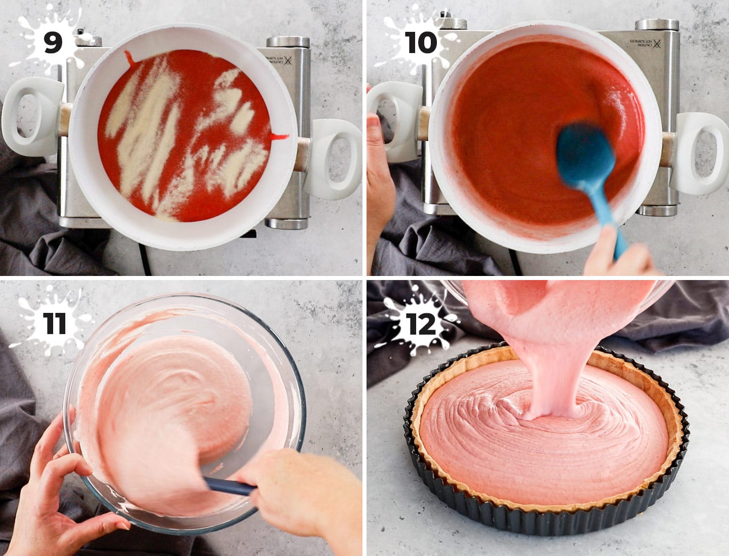 A collage showing how to make the strawberry mousse filling.
