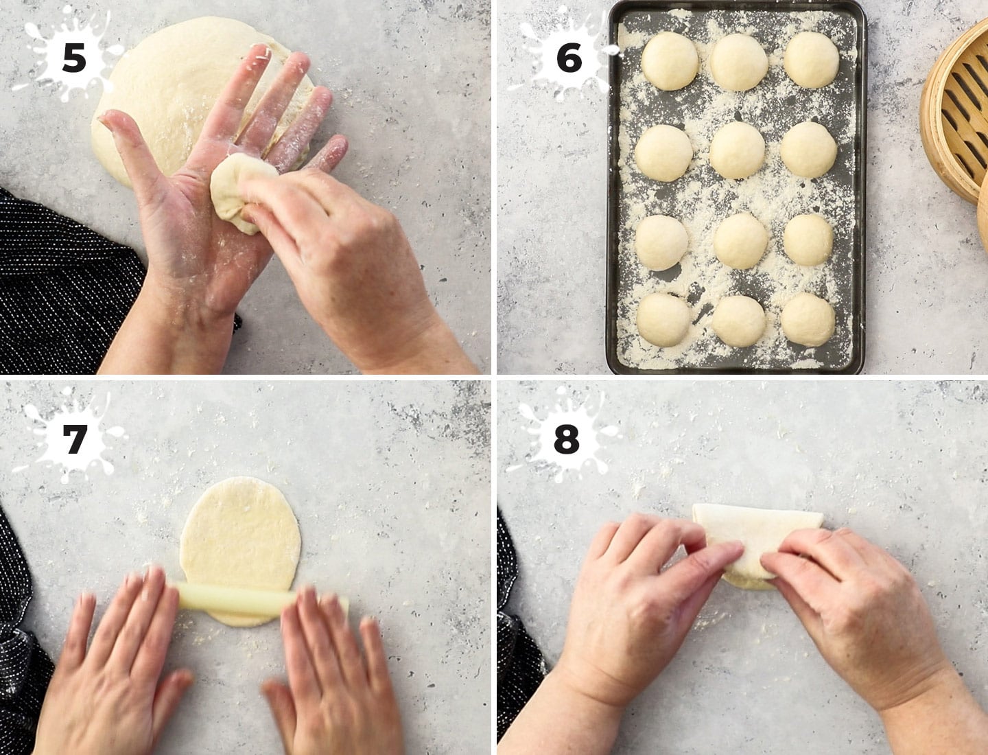 A collage showing how to shape bao buns.