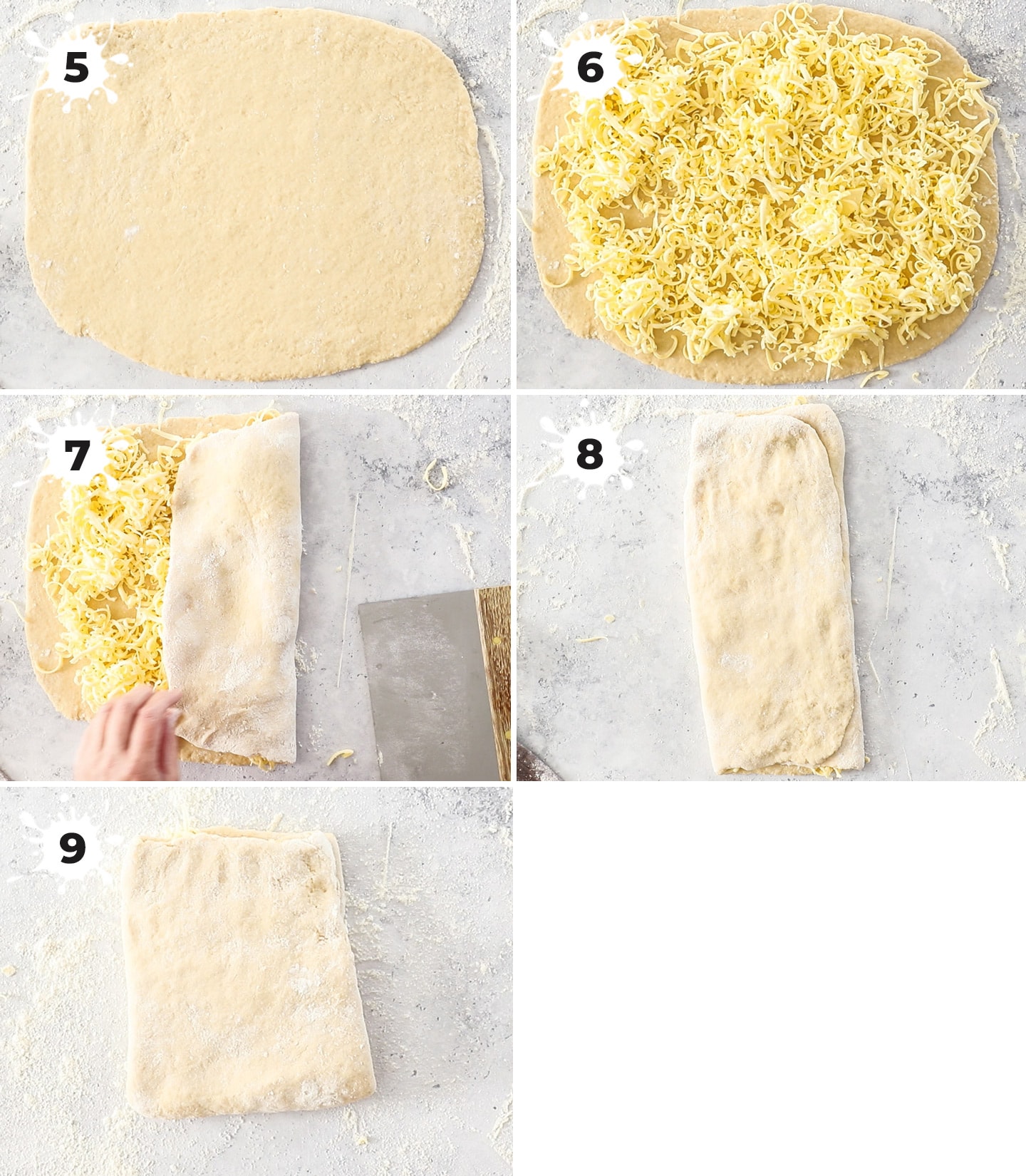 A collage showing adding the butter to the dough and folding it in.