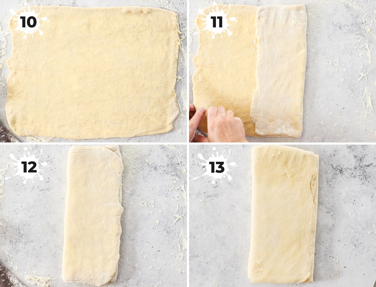 A collage showing how to roll and fold the pastry dough.