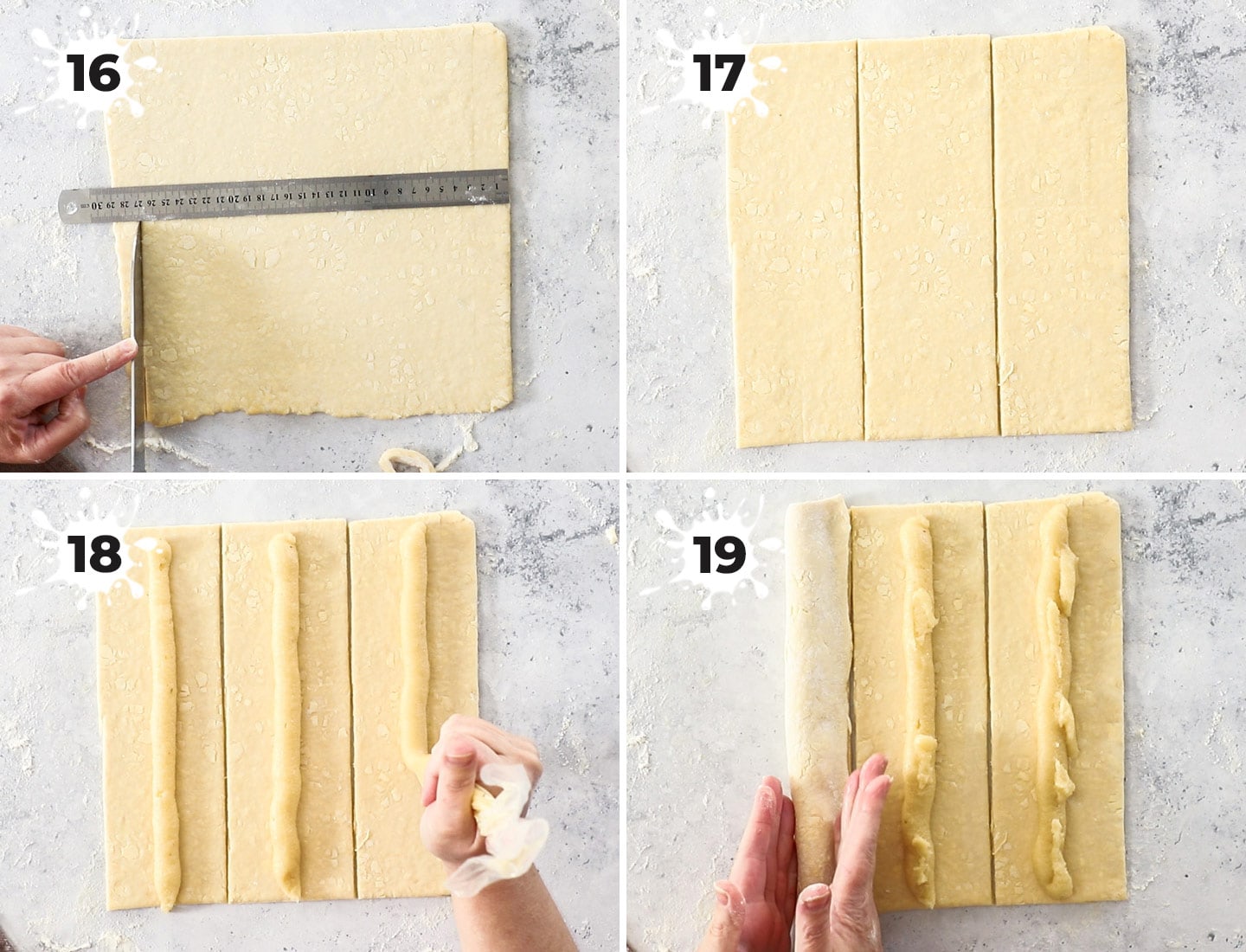 A collage showing how to cut and fill the pastry.
