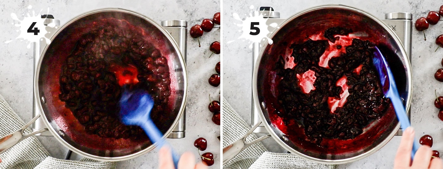 Showing how to cook the cherry jam filling.