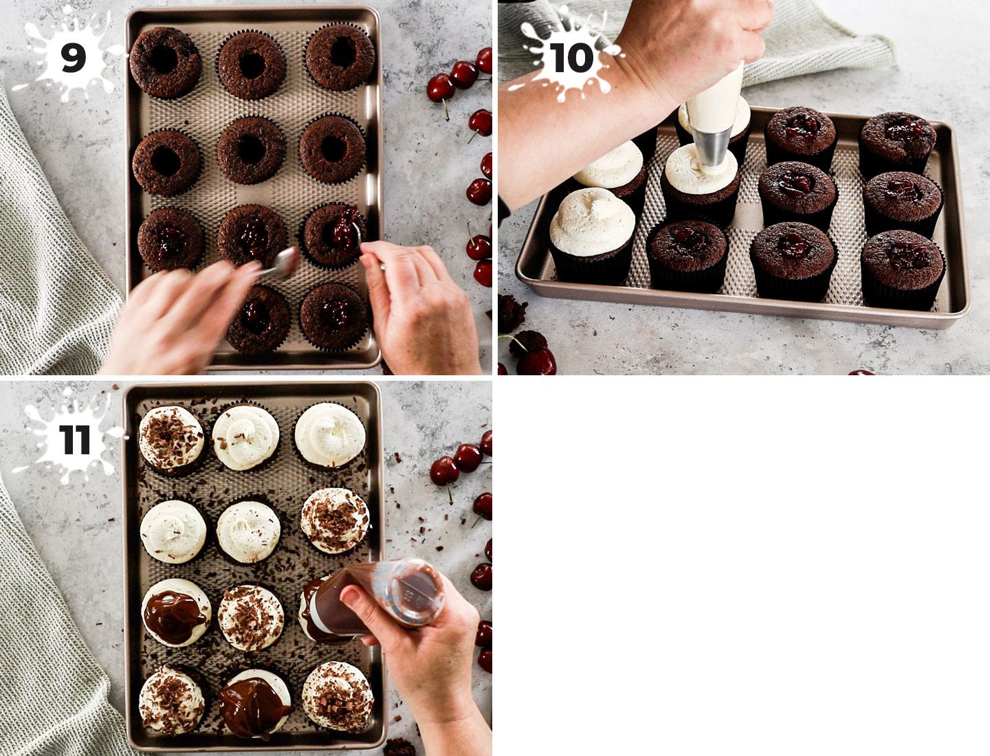A collage showing how to assemble the cupcakes.