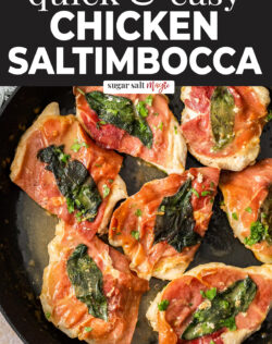 Pieces of chicken saltimbocca in a skillet.