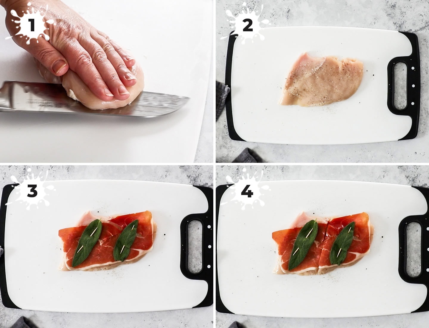 A collage showing how to prep the chicken.