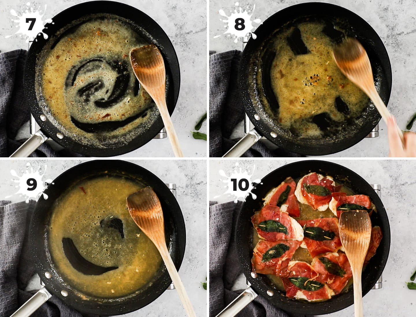 A collage showing how to cook the saltimbocca sauce.