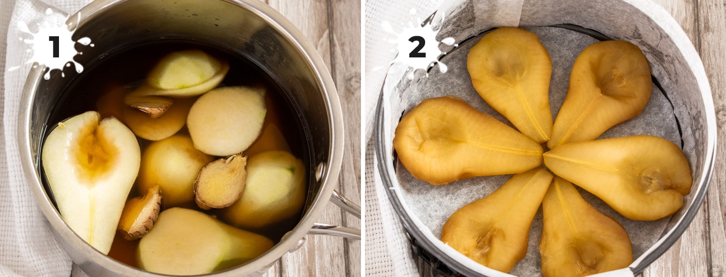 Showing how to poach and arrange the pears.