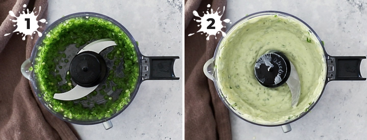 Two images showing how to prepare jalapeno mayo.