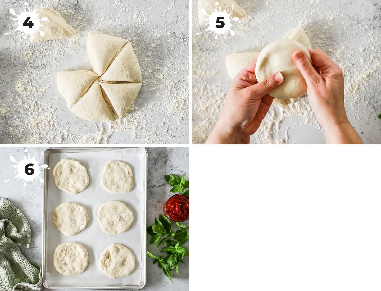 A collage showing how to shape the pizza dough.