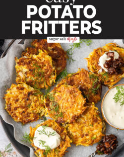 8 potato fritters on a serving tray.
