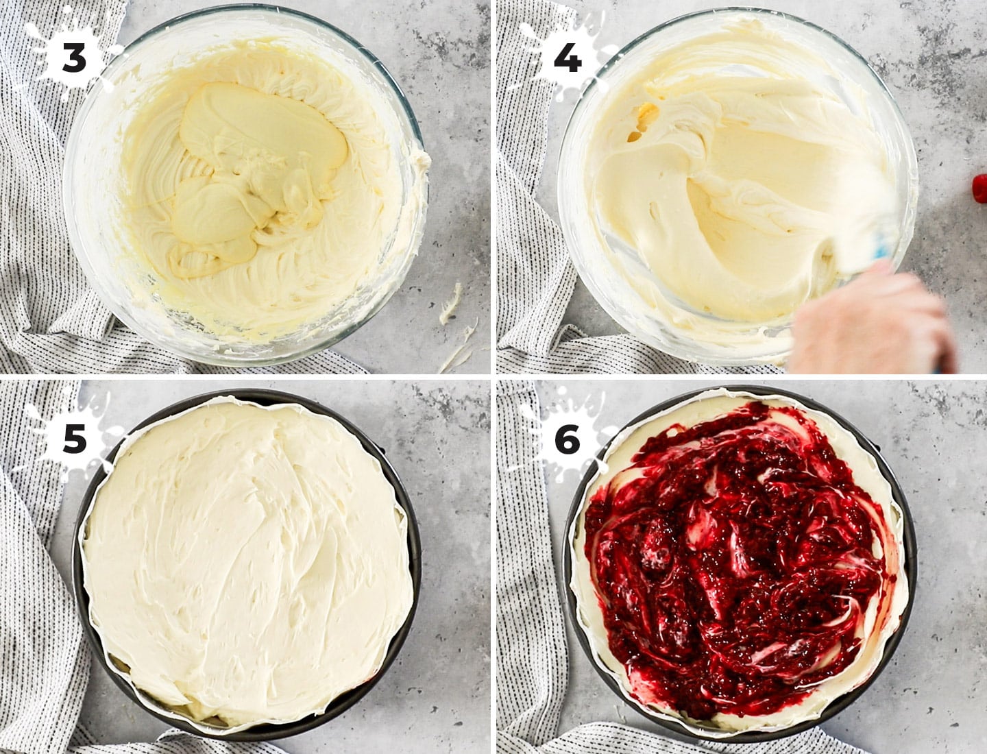 A collage showing how to make and assemble the cheesecake.