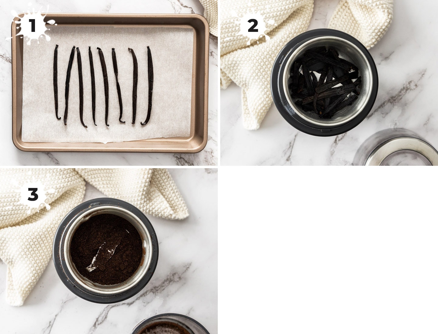 A collage showing the steps to make vanilla powder.