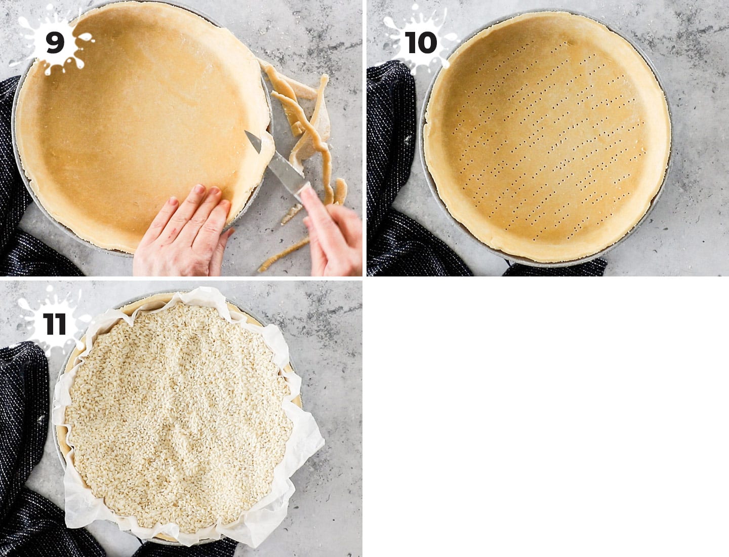 A collage showing how to prep the pastry shell for baking.