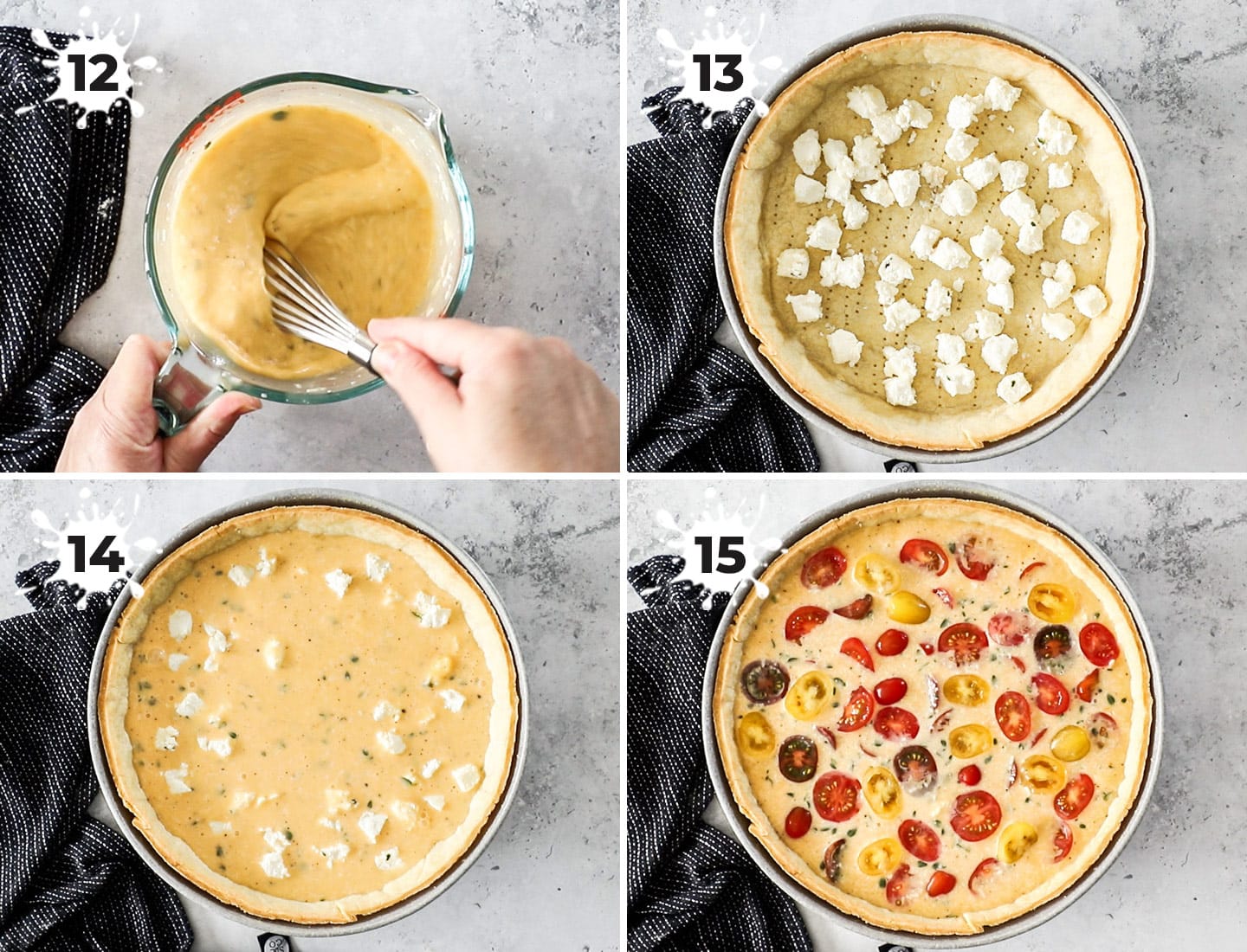 A collage showing how to assemble the quiche filling.