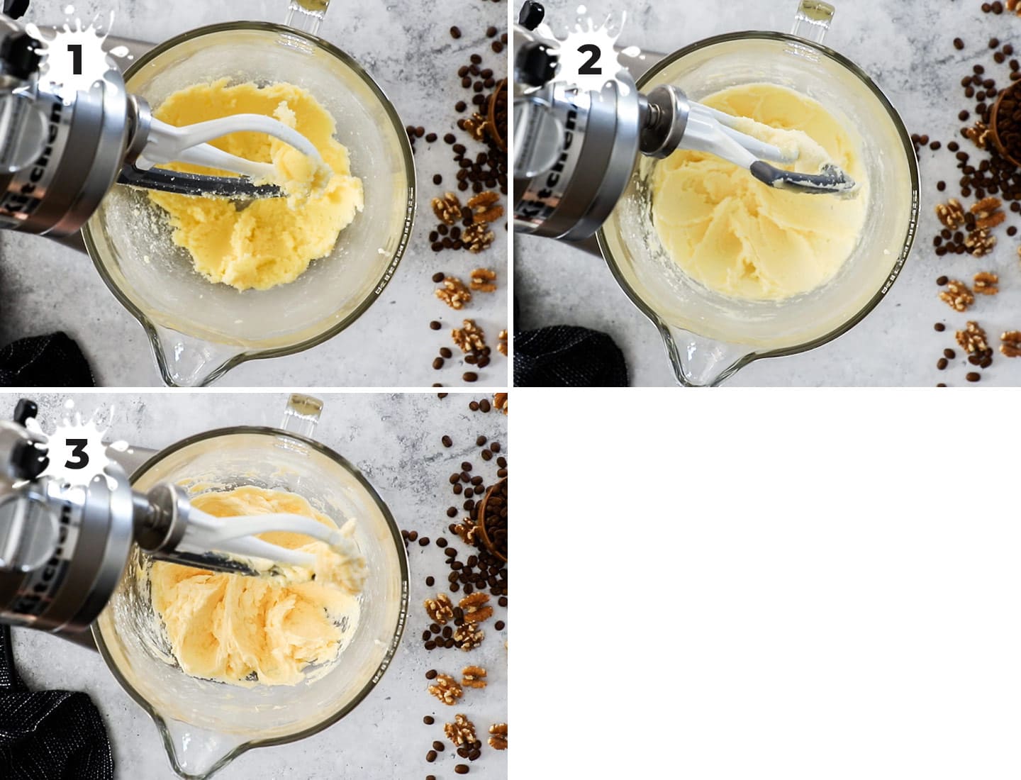 A collage showing how to cream the butter and sugar.