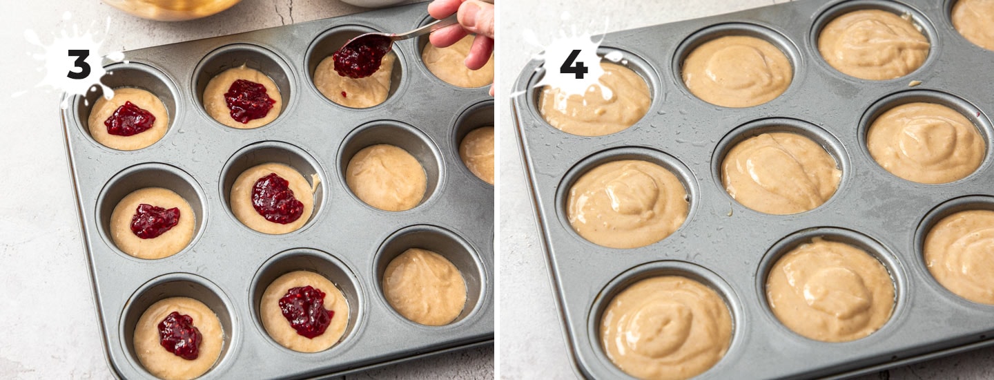 Showing how to fill the muffins with jam.
