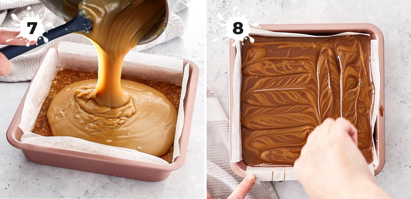 Pouring the caramel over the base then swirling the chocolate on top.