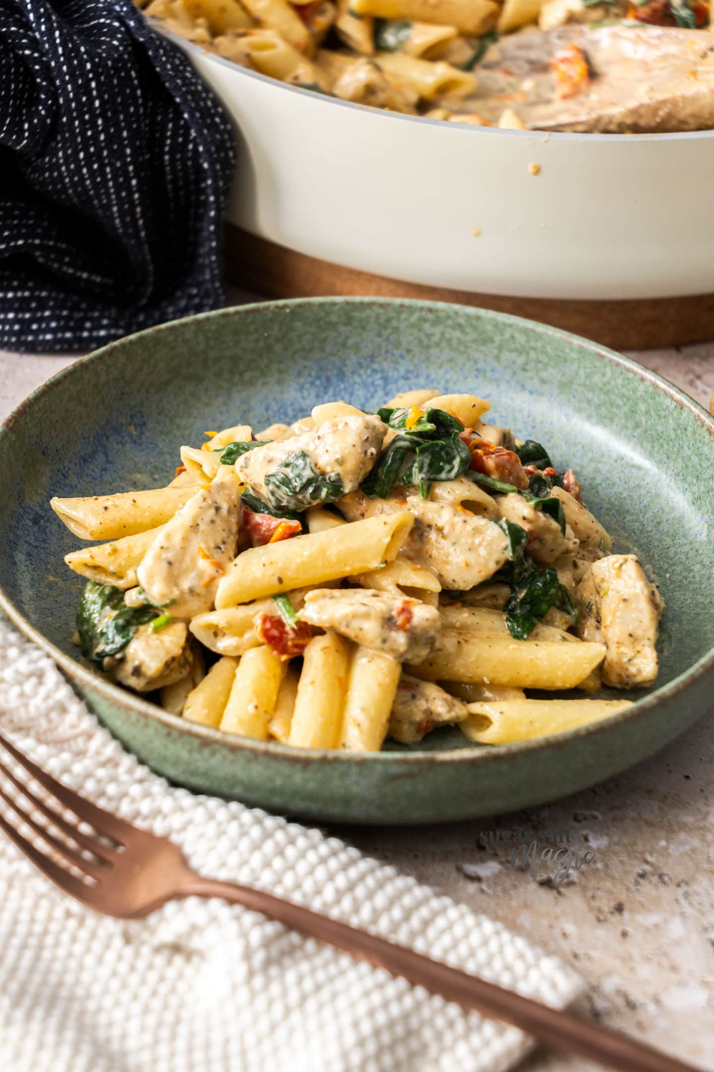 A dinner bowl filled with chicken penne pasta.