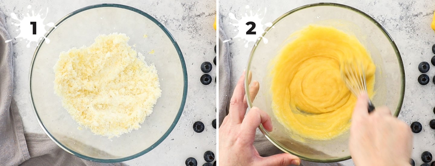 Showing how to make the lemon sugar and mix the wet ingredients.