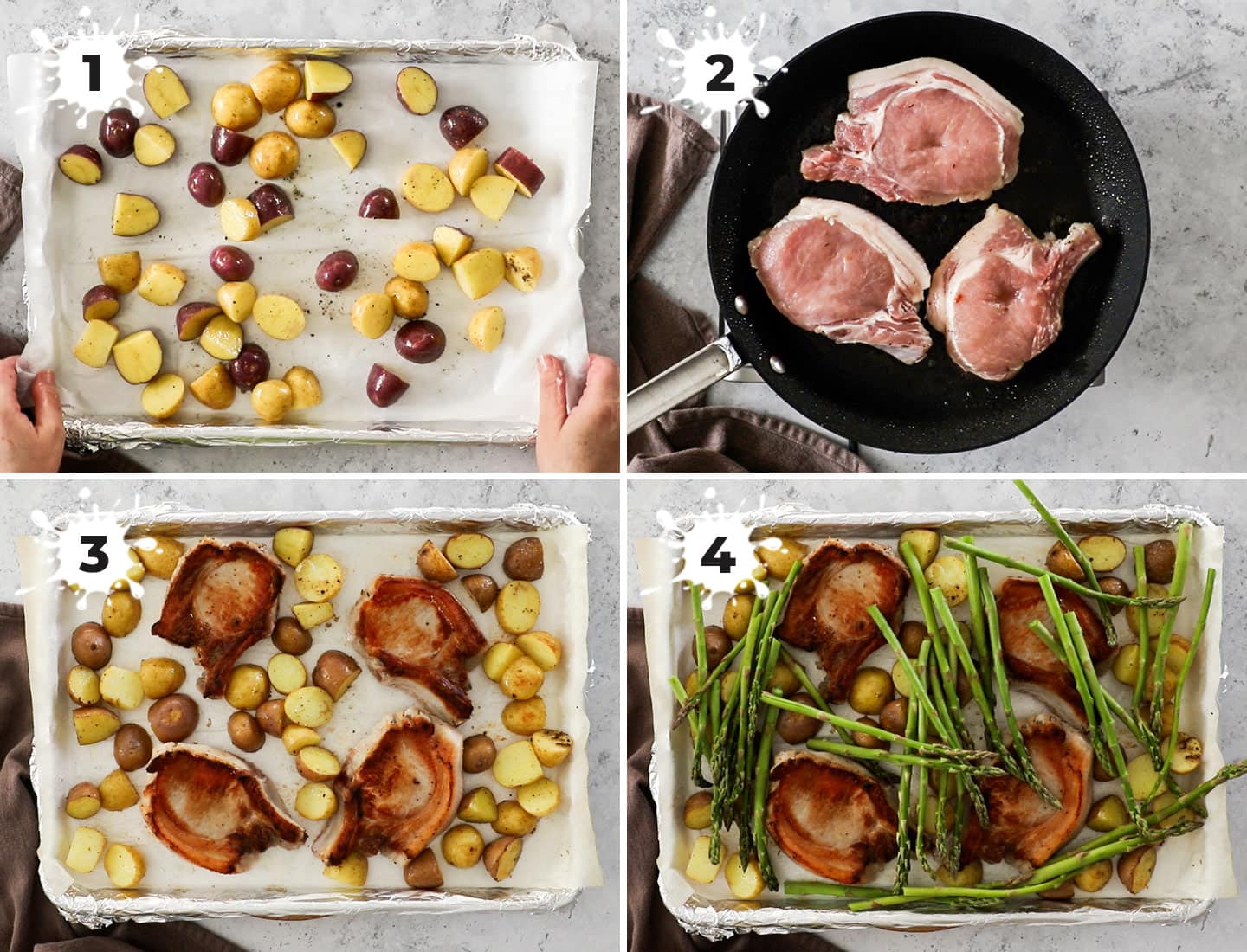 A collage showing how to prepare the potatoes and pork.