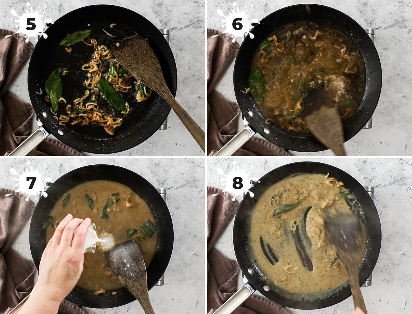 A collage showing how to cook the sauce.